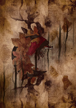 Load image into Gallery viewer, Artistic depiction of a figure with a red garment amidst autumn foliage on a textured brown background.