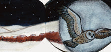 Load image into Gallery viewer, Illustration of an owl flying over a snowy landscape with a moon in the background