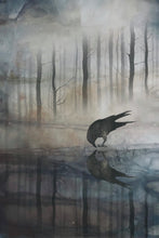 Load image into Gallery viewer, Misty forest scene with a crow by a lake looking at his reflection.