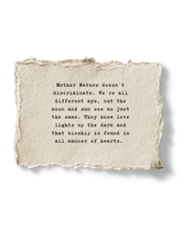 Load image into Gallery viewer, Text on a textured paper background with a quote about love and kinship.
