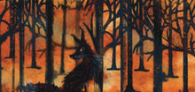 Load image into Gallery viewer, Fox standing in a forest with silhouetted trees and warm colors
