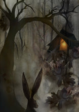 Load image into Gallery viewer, Dark forest scene with a glowing lantern, hare, and owl.
