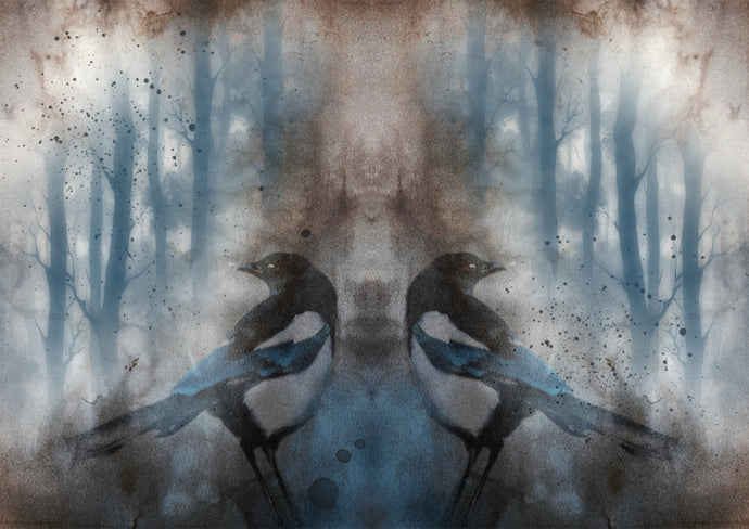 Two magpies in a forest setting with a watercolor effect
