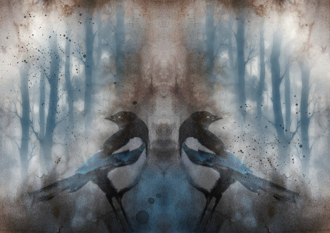 Two magpies in a forest setting with a watercolor effect