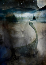 Load image into Gallery viewer, Loch Ness Monster. Surreal scene with a dinosaur-like creature, sailboat, and starry sky.
