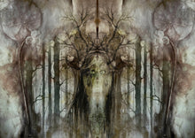 Load image into Gallery viewer, Abstract artwork with tree-like figures and a central face-like figure.

