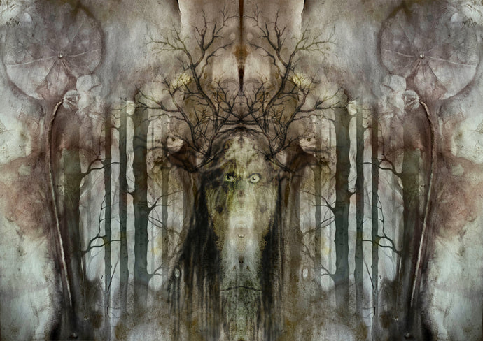 Abstract artwork with tree-like figures and a central face-like figure.