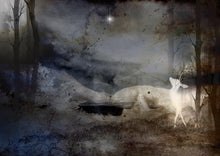 Load image into Gallery viewer, Woodland Winter scene with a deer looking at a star light sky 
